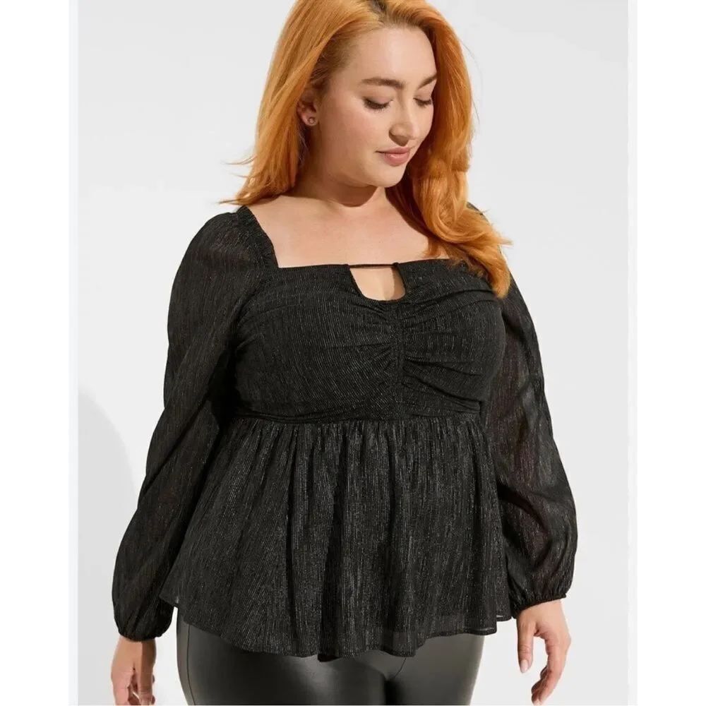 Torrid Black White Pinstripe Peplum Shirred Keyhole
Smocked Blouse Size 1X
